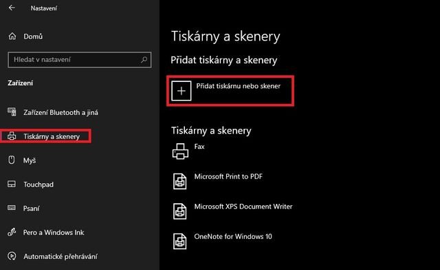 Přidání tiskárny ve Windows 10