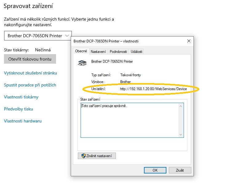 Windows 10 - IP adresa tiskárny