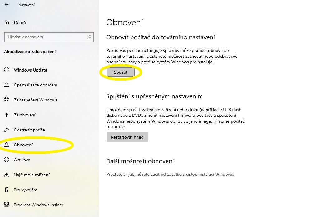 Obnovení továrního nastavení ve Windows 10