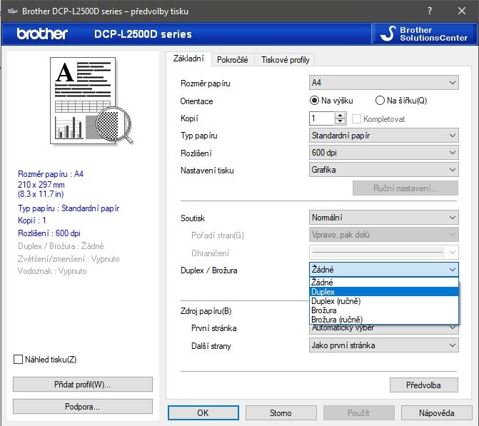 Duplexní tisk na tiskárně Brother