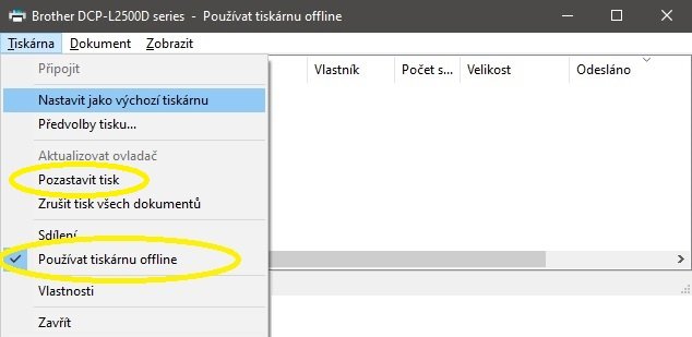 Používat tiskárnu offline