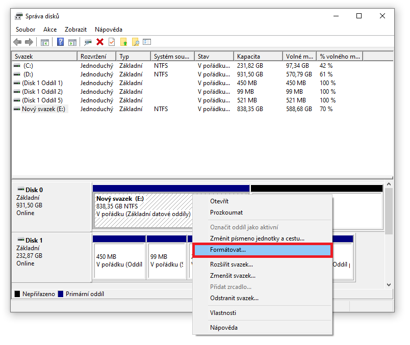 Formátování disku ve Správci disků