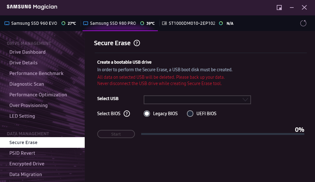 Secure Erase v nástroji Samsung Magician