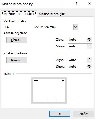 Word - velikost obálky