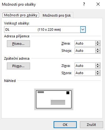 Word - Možnosti pro obálky