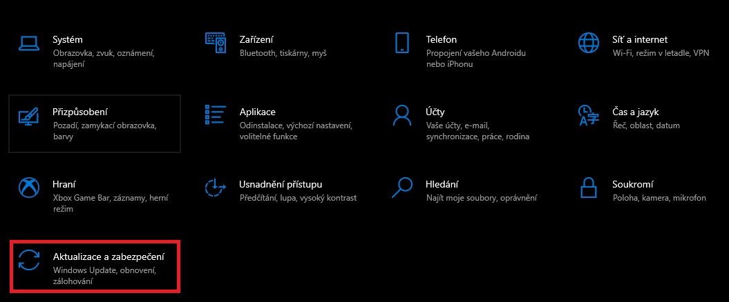 Win 10 - Aktualizace a zabezpečení