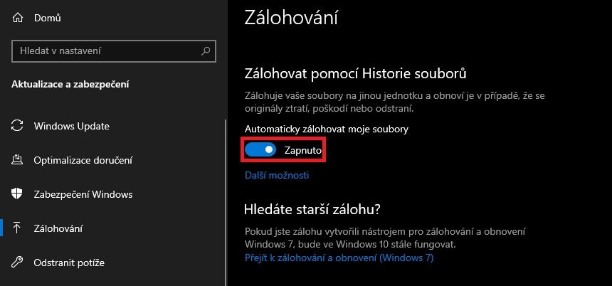 Win 10 - Zálohování zapnuto