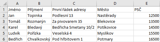 Excel - tabulka s adresami