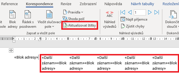 Word - aktualizovat štítky