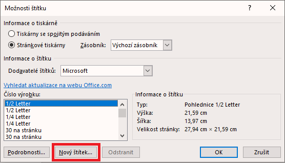 Word - Možnosti štítku