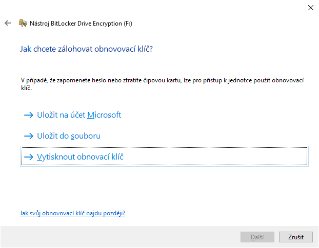 BitLocker - záloha obnovovacího klíče