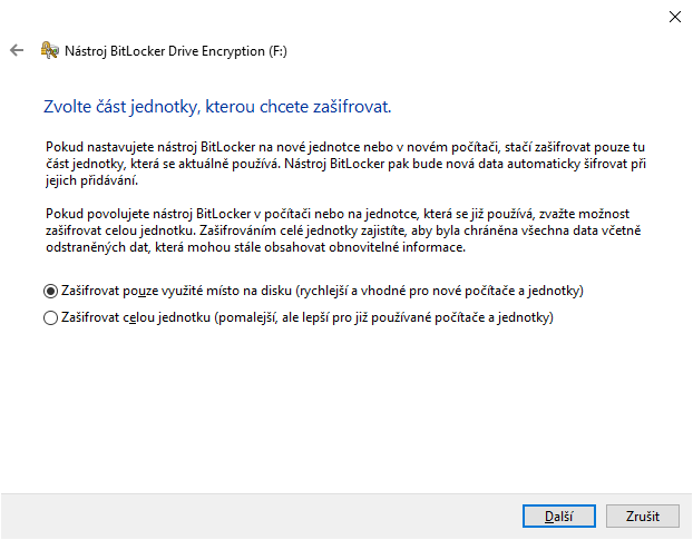 BitLocker - volba části jednotky k šifrování
