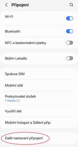 Další nastavení připojení v Androidu