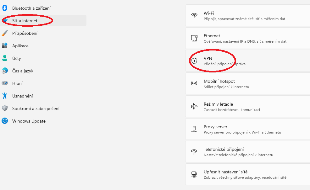 Nastavení Síť a Internet ve Windows