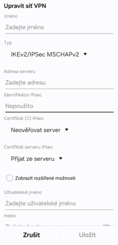Úprava sítě VPN v Androidu
