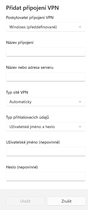 Přidání připojení VPN ve Windows