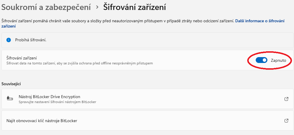 Zapnutí šifrování zařízení ve Windows