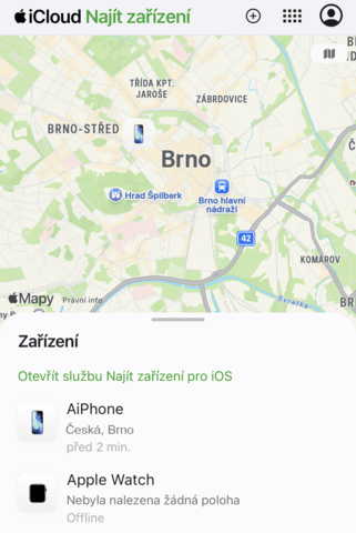 Seznam zařízení v iCloud najít zařízení