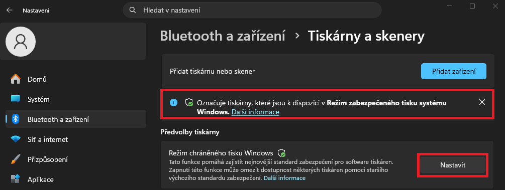 Nastavení režimu chráněného tisku ve Windows