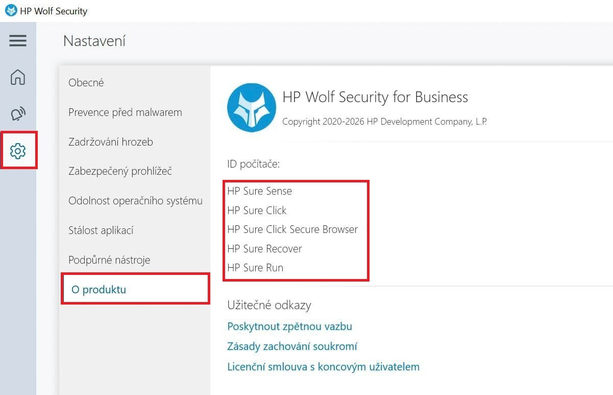 Technologie v rozhraní HP Wolf Security