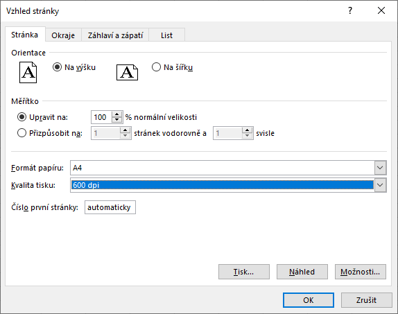 Excel - změna rozlišení tisku
