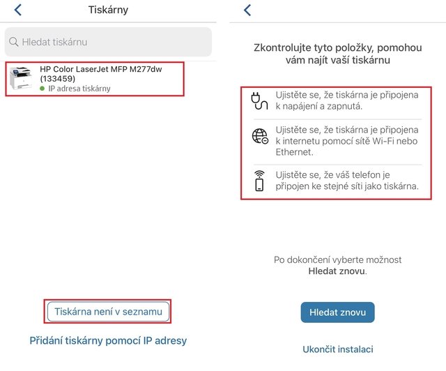 HP Smart - výběr tiskárny