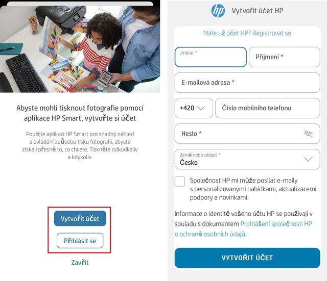 HP Smart - přihlášení