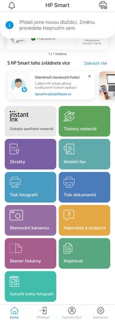 HP Smart - hlavní menu